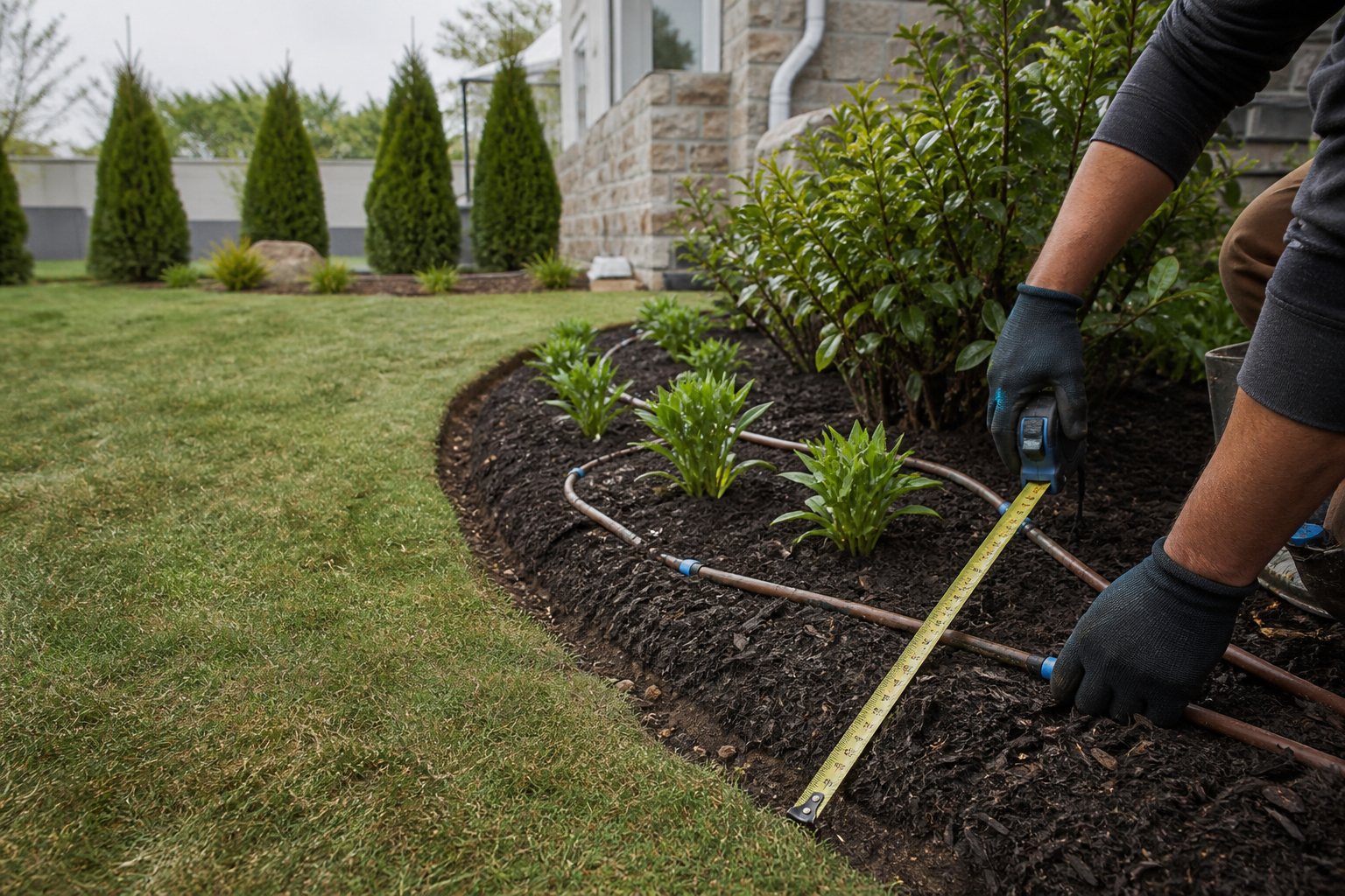 A landscape bed with drip tubing and plant spacing being measured