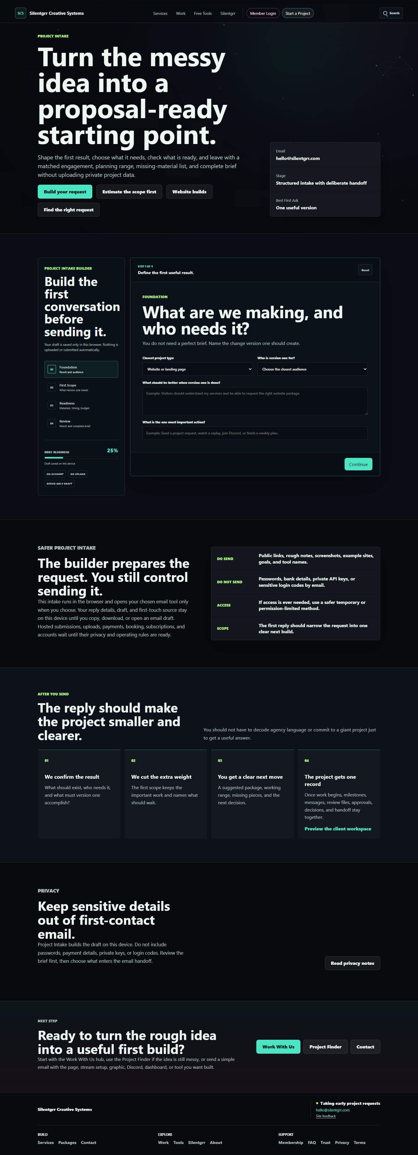Project Intake Builder showing a device-local four-stage request workflow