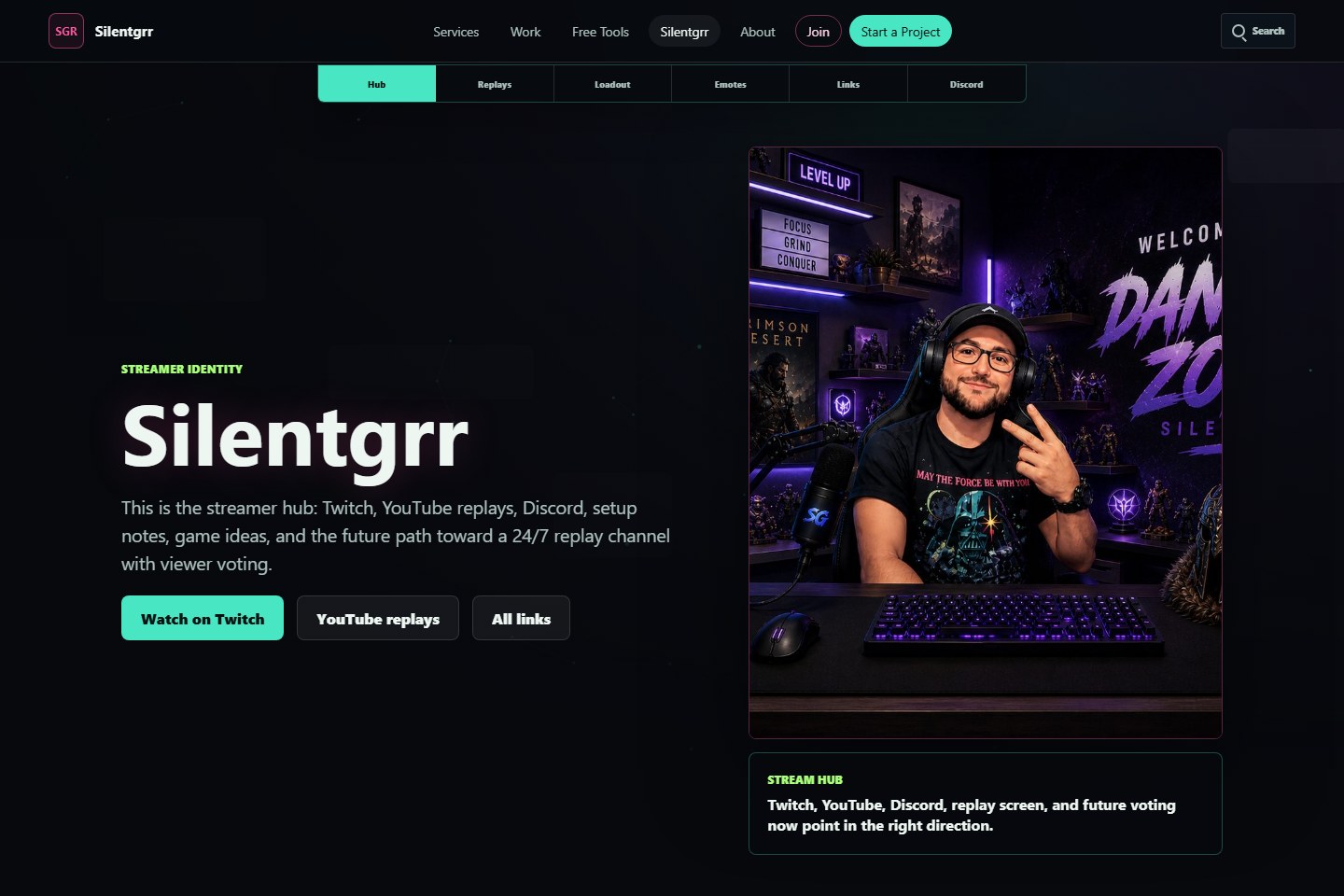 Silentgrr creator hub with watch, replay, community, setup, graphics, and resource paths