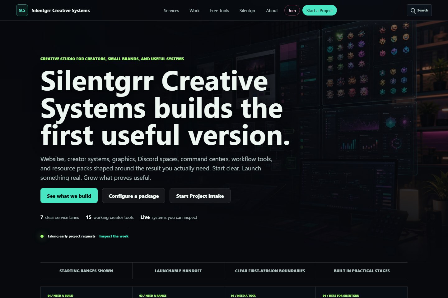 Current SCS Creative Systems homepage with service navigation and project-planning actions